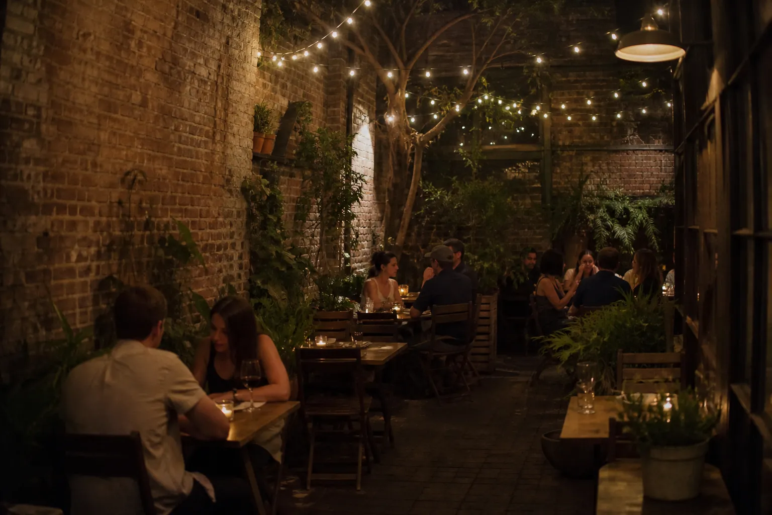 The cozy, string-lit outdoor garden patio at Barcelona Wine Bar in Brooklyn during the evening.