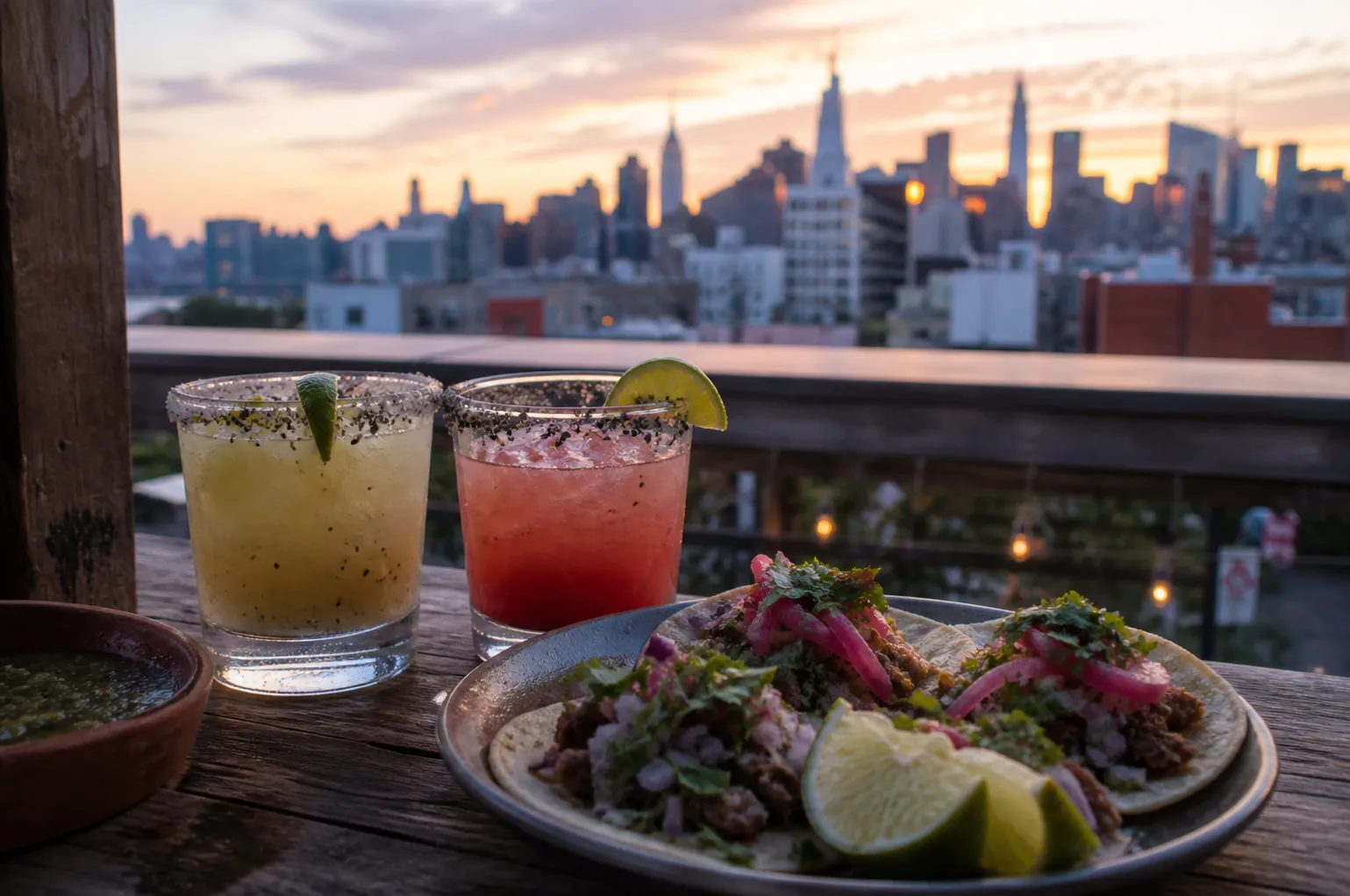 Two colorful mezcal margaritas and gourmet street tacos on a wooden table at an East Village rooftop bar at sunset, with the Manhattan skyline blurred in the background