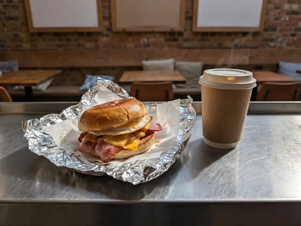 A bacon, egg and cheese sandwich on a roll half unwrapped in its foil on a stainless counter beside a paper coffee cup