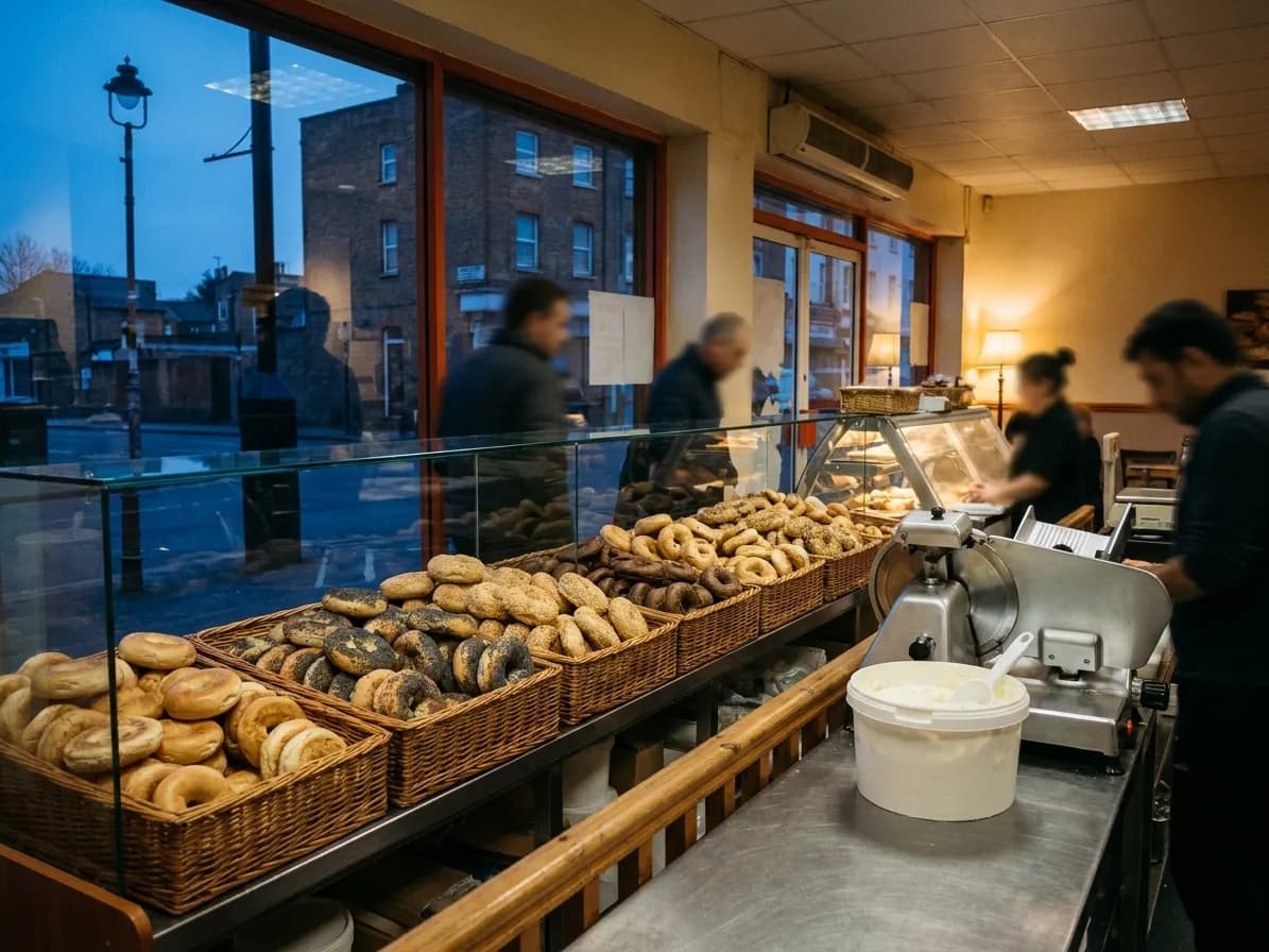 A New York bagel counter early in the morning with baskets of bagels behind glass and a slicer and tub of cream cheese on the counter