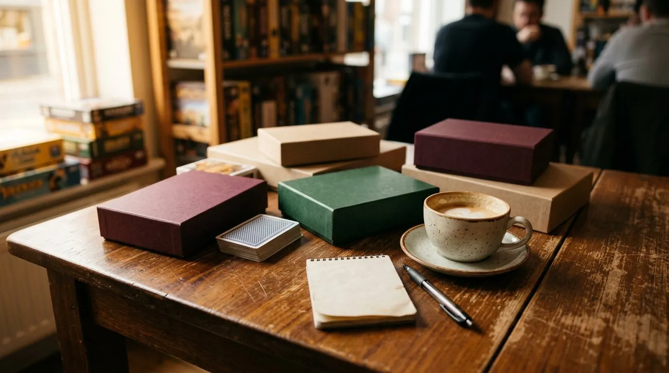 Board game boxes and a coffee cup on a wooden cafe table