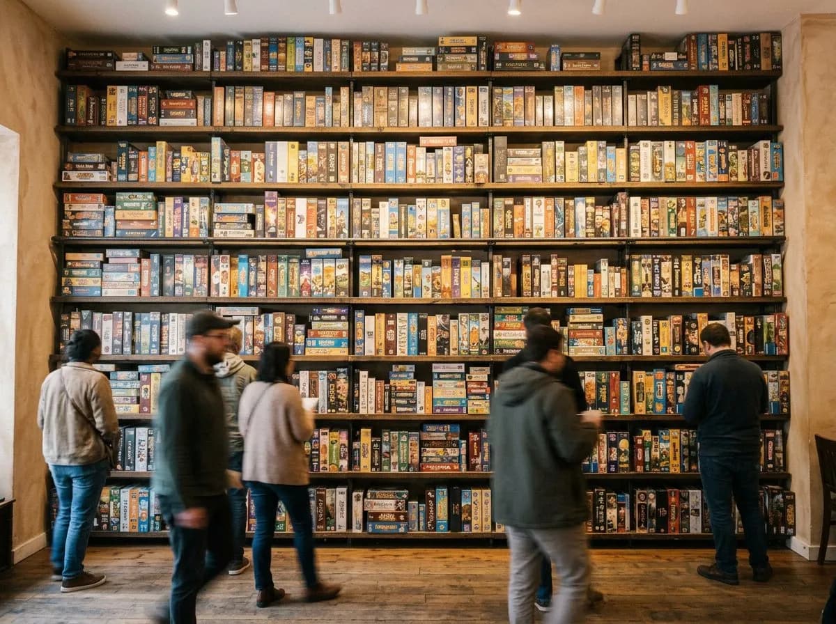 Tall wall of shelved board game boxes inside a cafe