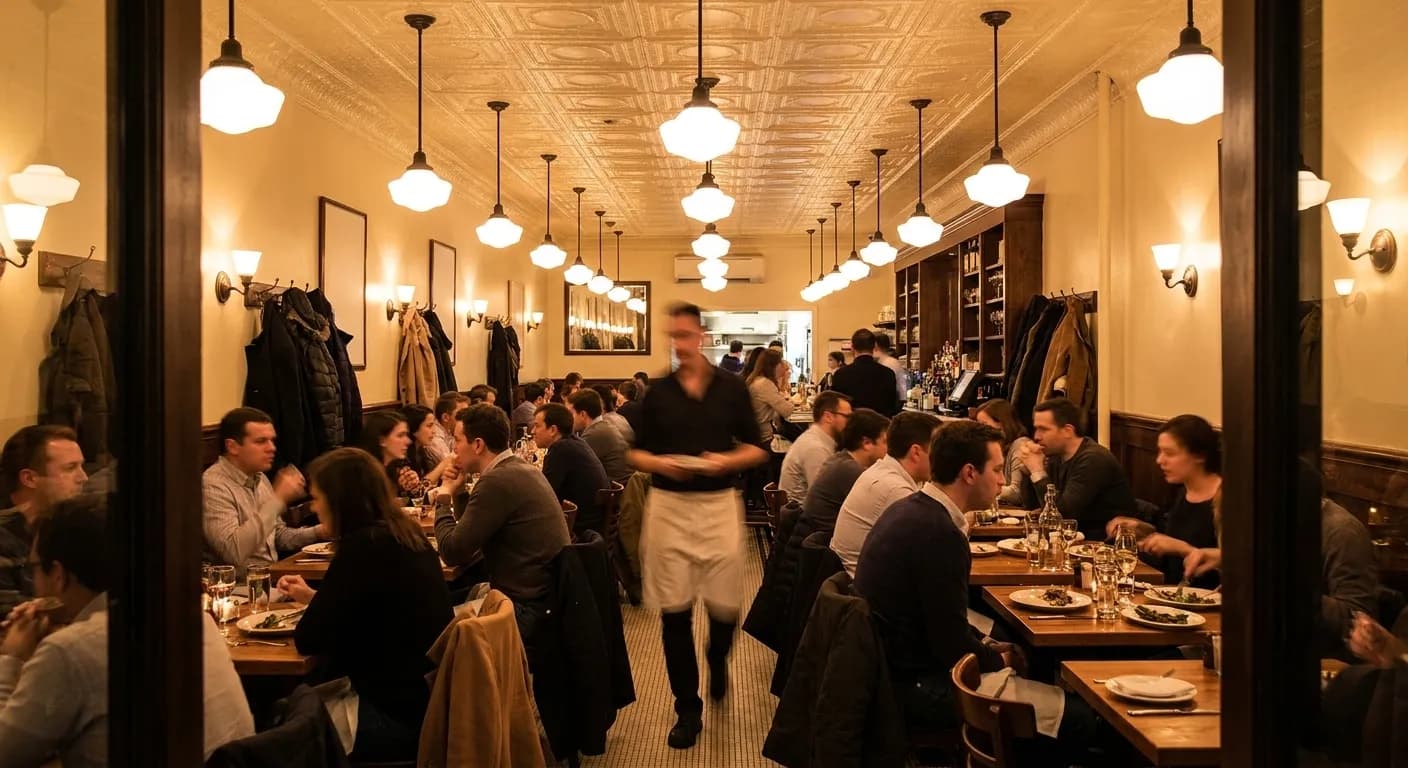 A busy New York dining room at eight in the evening seen from the doorway with tightly spaced tables and a motion-blurred server passing