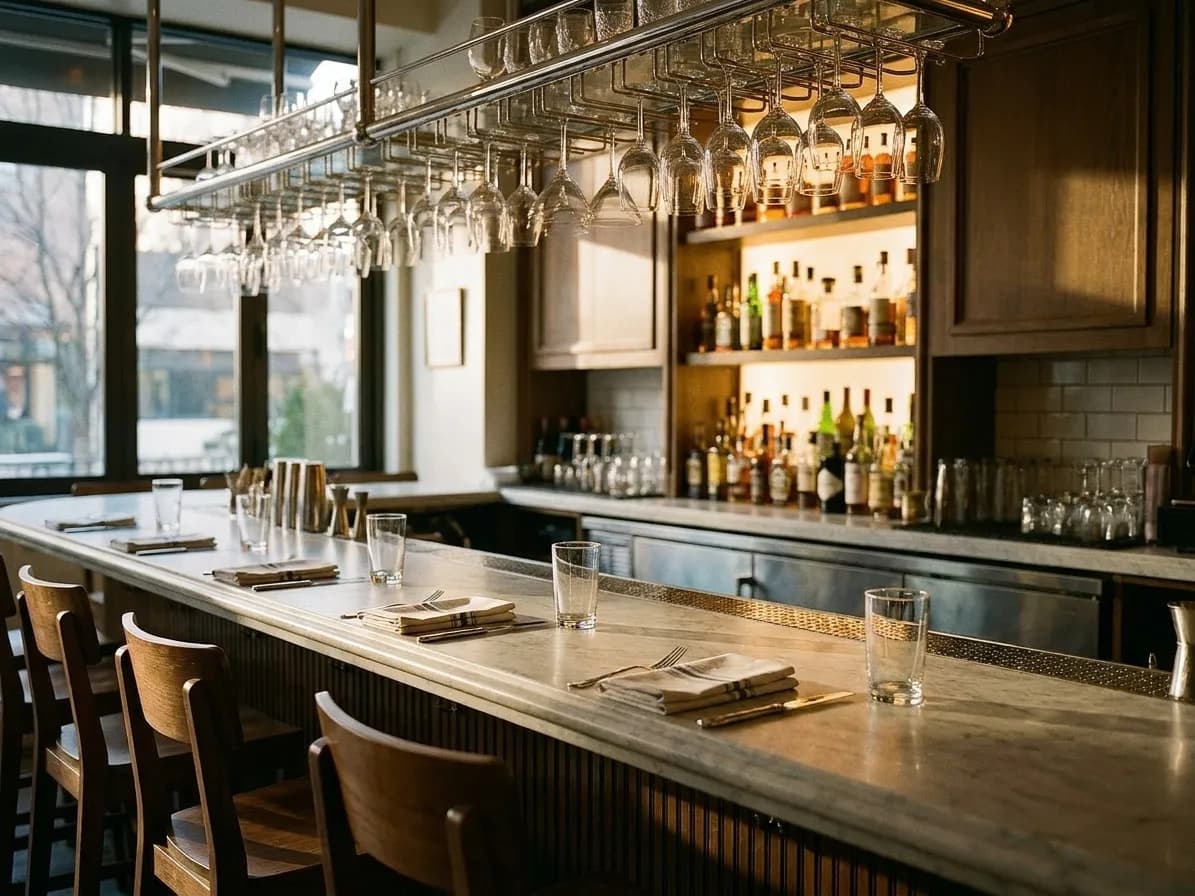 A New York restaurant bar top set for dining with marble counter, folded napkins at three stools and backlit bottles on the shelf behind