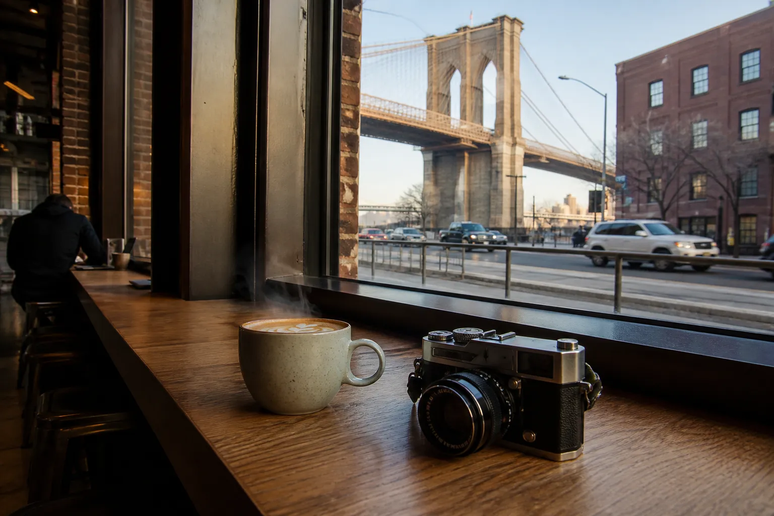 A steaming coffee cup and camera on a wooden counter inside a DUMBO cafe, looking out a large window at the Brooklyn Bridge tower