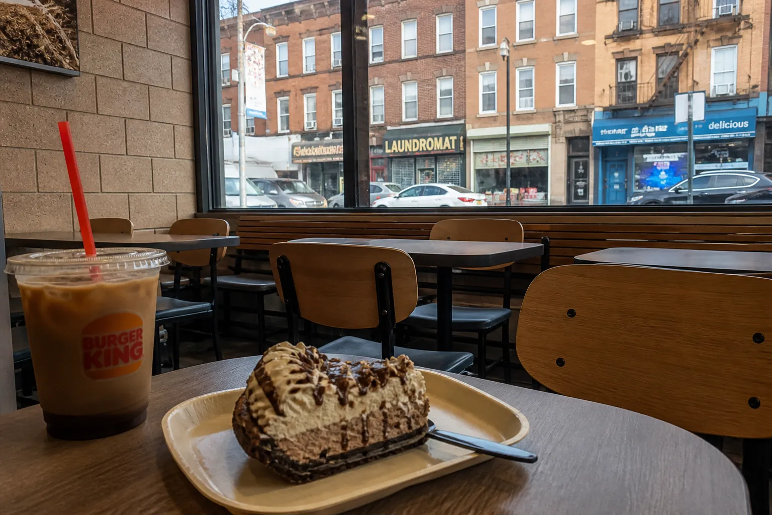 Hershey's Sundae Pie and iced coffee on a table inside a Brooklyn fast-food restaurant.