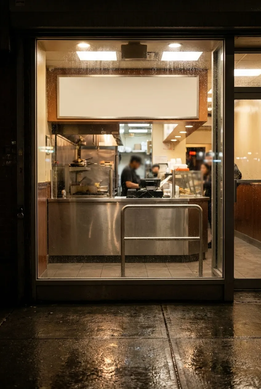 A narrow New York takeaway storefront at night with a bright interior seen through the glass and a stainless order counter inside
