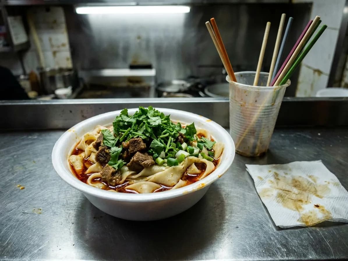 A bowl of wide hand-pulled noodles in chilli oil with cumin lamb and scallion on a stainless counter under hard fluorescent light