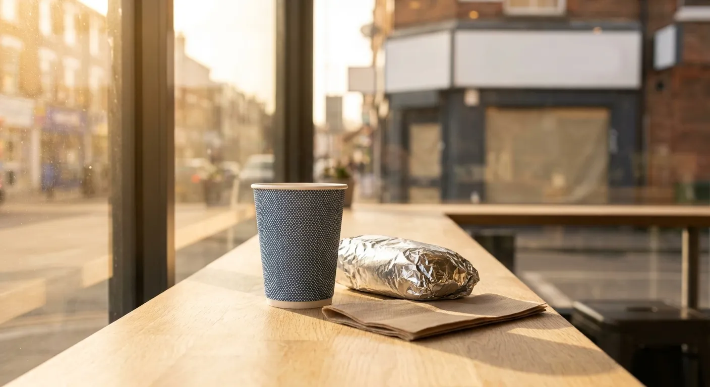 A blue-and-white paper coffee cup with no lettering on a counter beside a foil-wrapped sandwich and a folded paper napkin