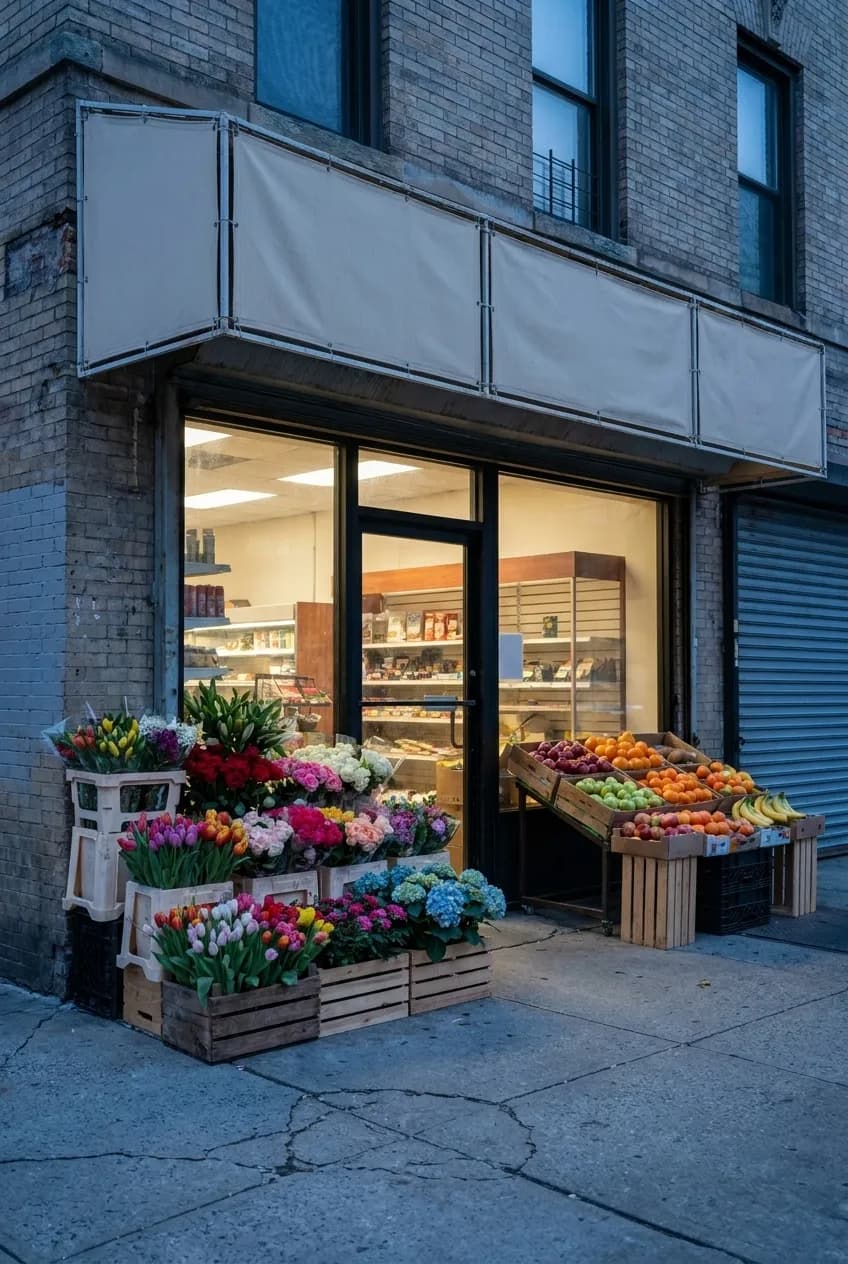 A New York bodega frontage at dawn with crates of flowers and fruit on the pavement and a lit interior seen through the glass