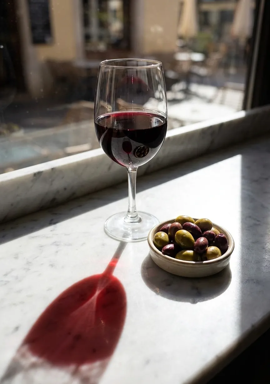 A single glass of red wine on a marble counter beside a small dish of olives with light from a window behind it