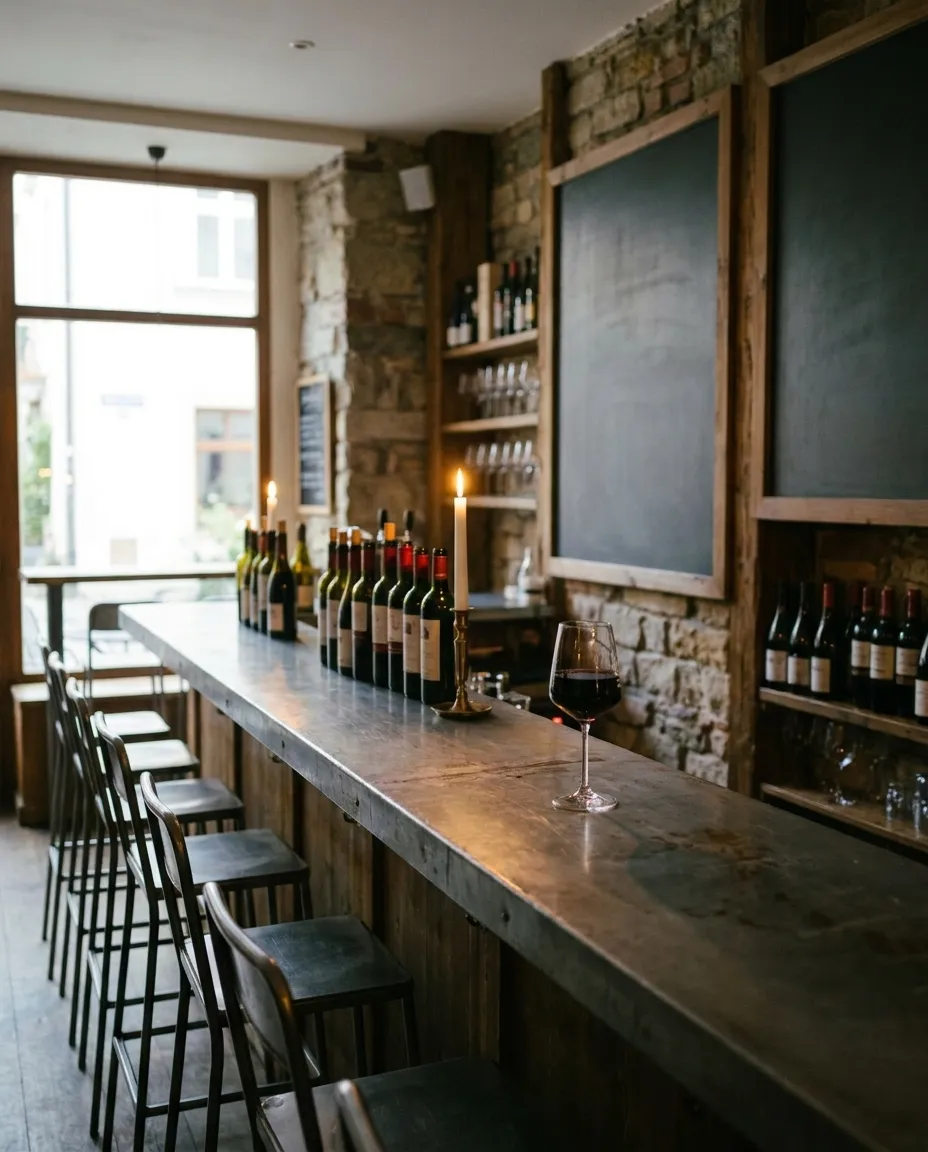 A narrow wine bar at dusk with a zinc counter, stools, blank chalkboard panels above the back bar and a candle on the counter