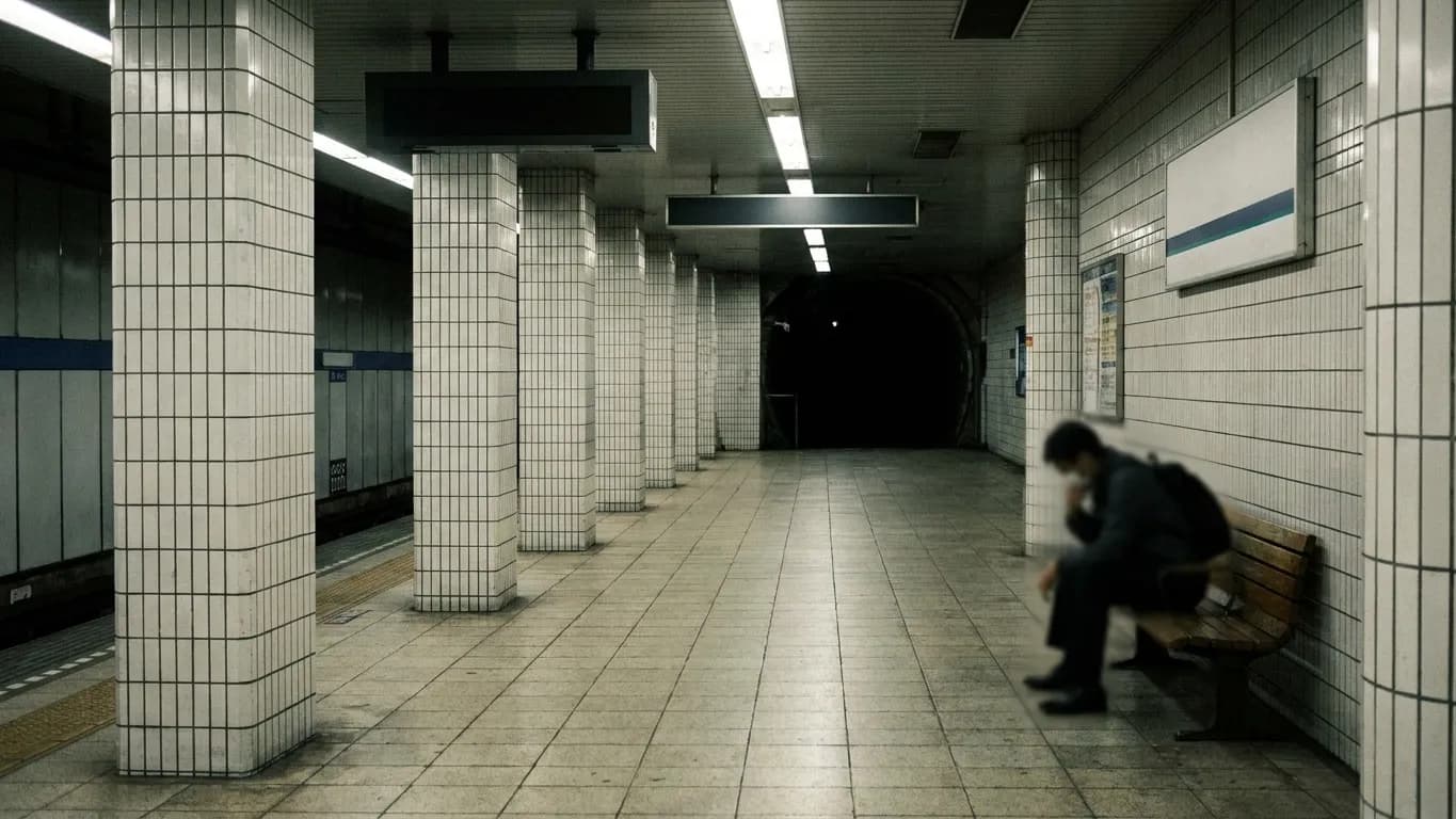An almost empty subway platform late at night with white tiled columns receding and a bench with one person sitting