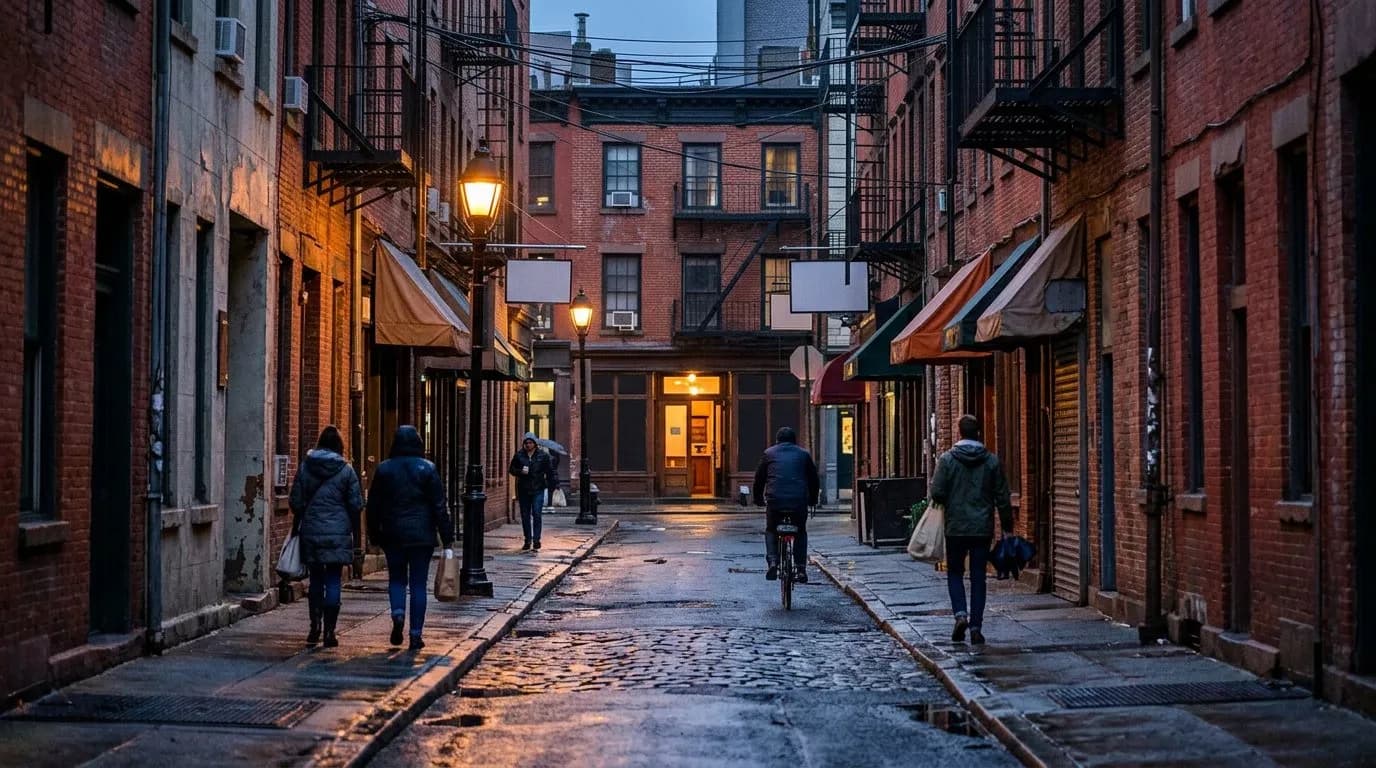 A narrow Greenwich Village street at dusk lined with rowhouses and warm streetlamp light