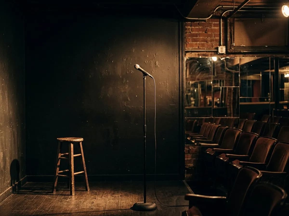 A dim, brick-walled comedy stage corner with a spotlighted microphone and stool