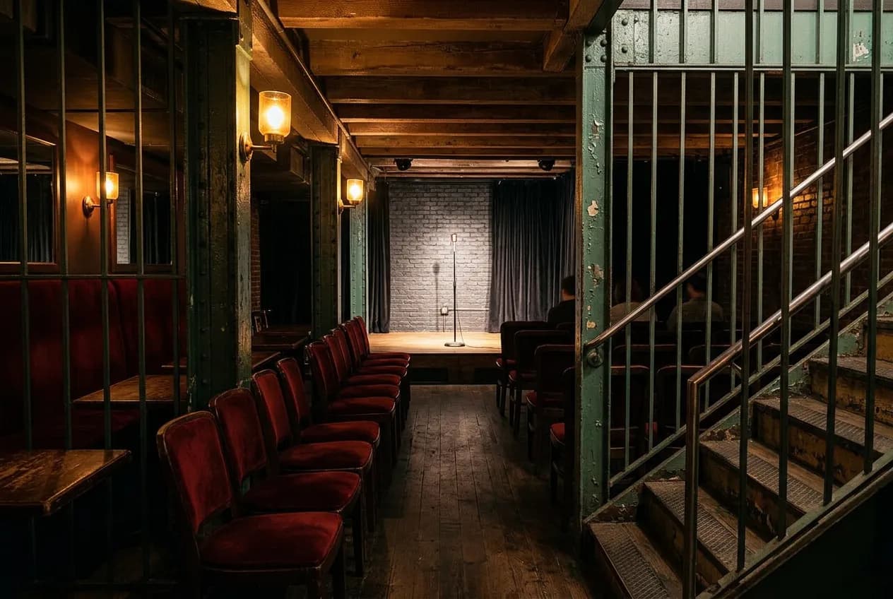 Basement comedy room with red chairs, velvet banquettes, dark wood floor, and a brightly lit stage