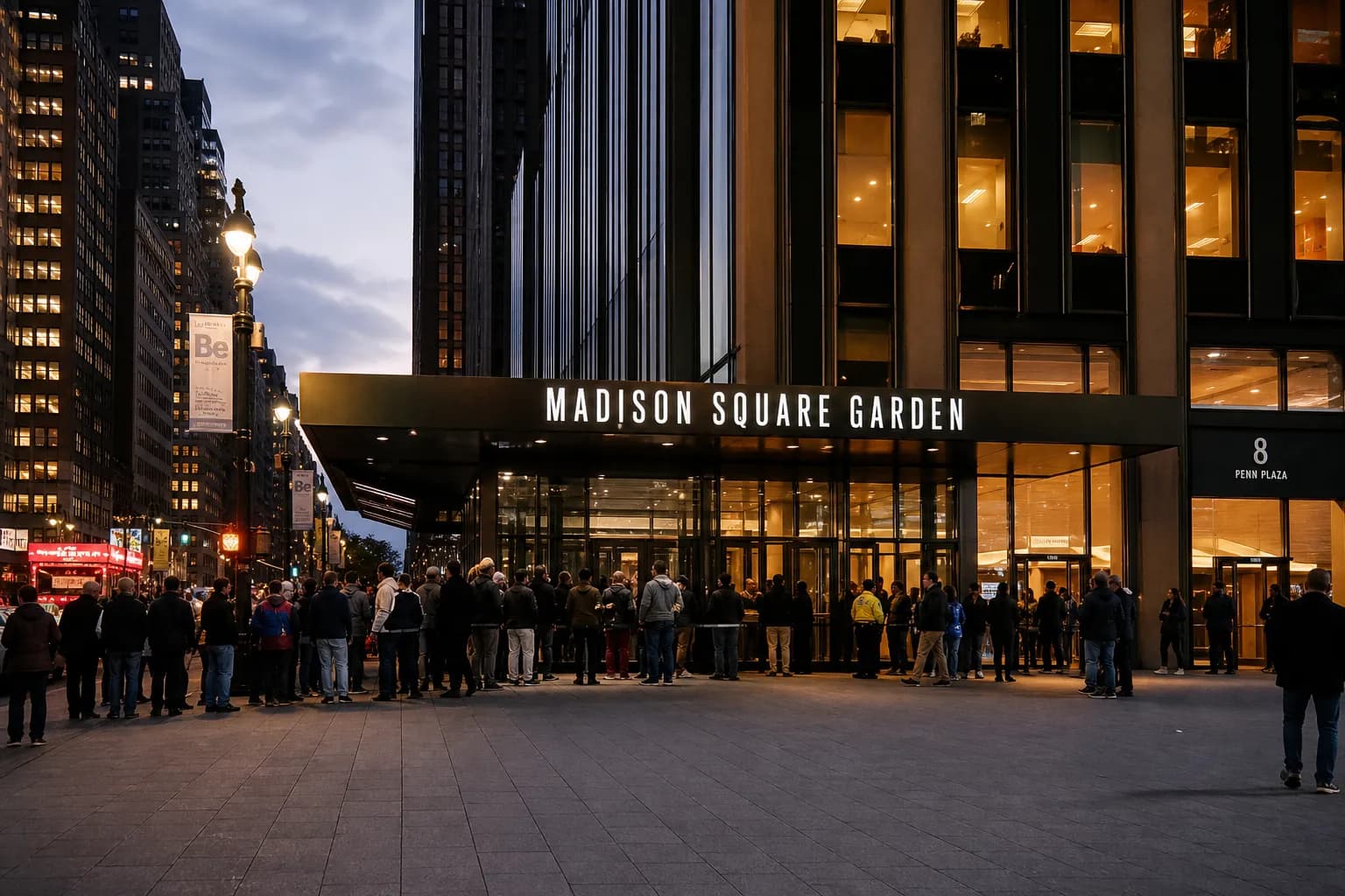 The modern glass facade of the 8th Avenue entrance to Madison Square Garden in Midtown Manhattan at twilight.