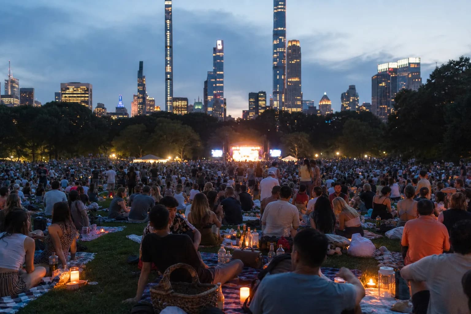 A crowd picnicking on the Great Lawn in Central Park under twilight skies during a concert.