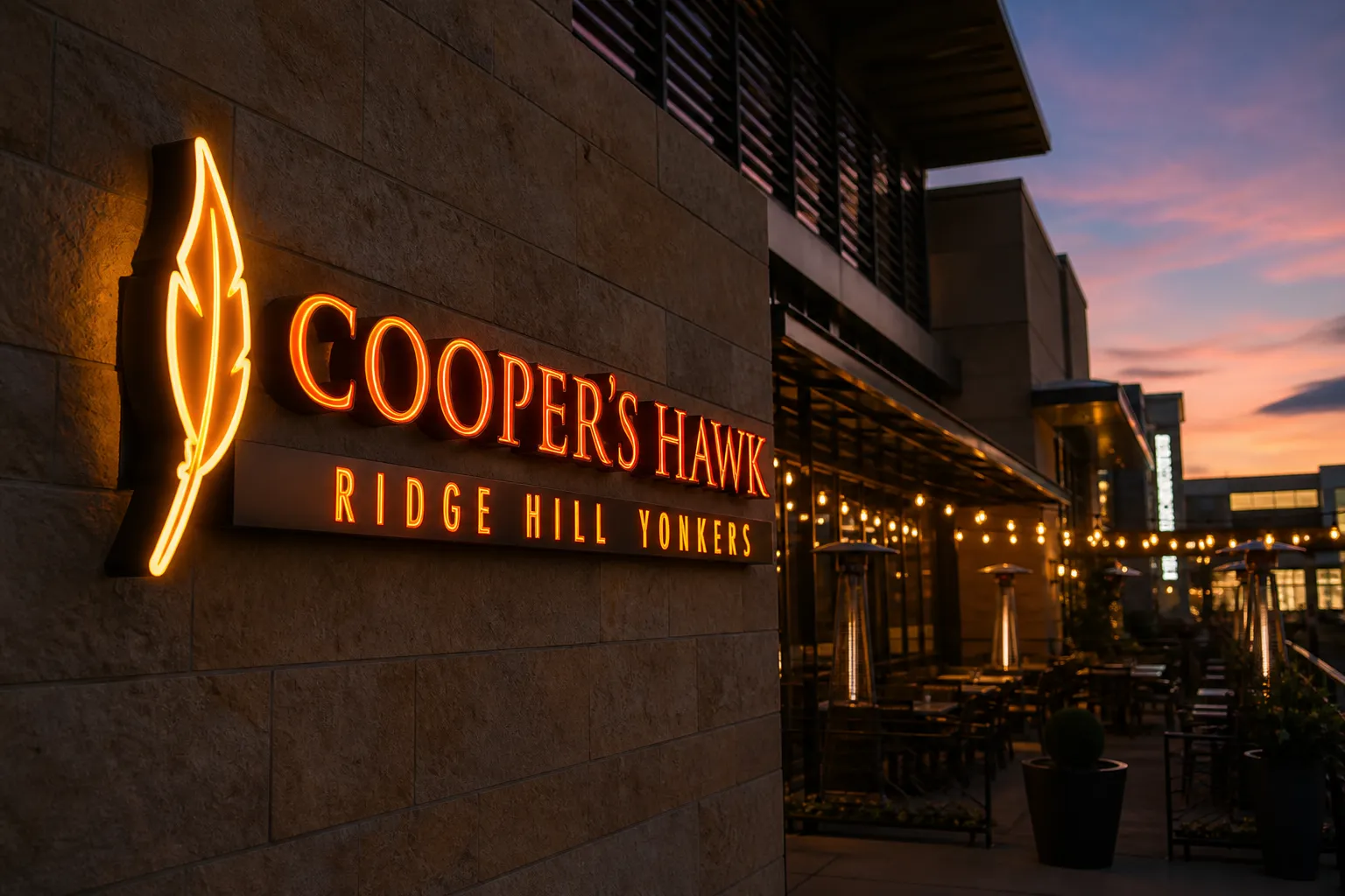 A glowing warm neon sign illuminating the entrance of a modern wine tasting room at dusk.