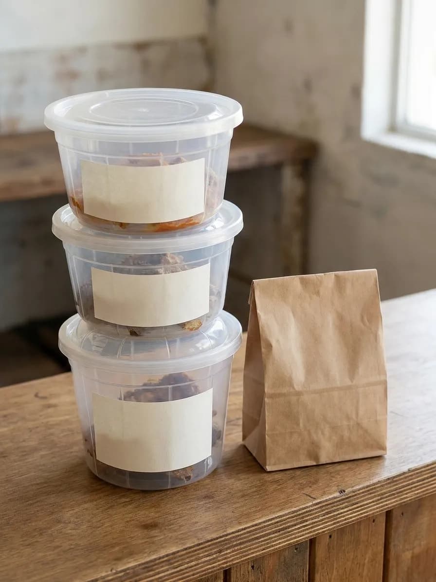 Three clear takeaway salad containers stacked on a counter with lids on and a small paper bag beside them under bright even light