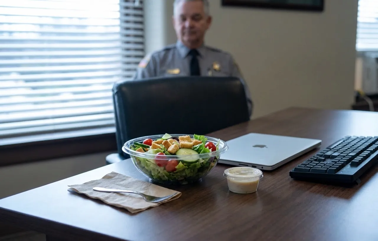 A salad in a clear takeaway bowl on an office desk beside a laptop with a small dressing pot with the lid on and a paper napkin