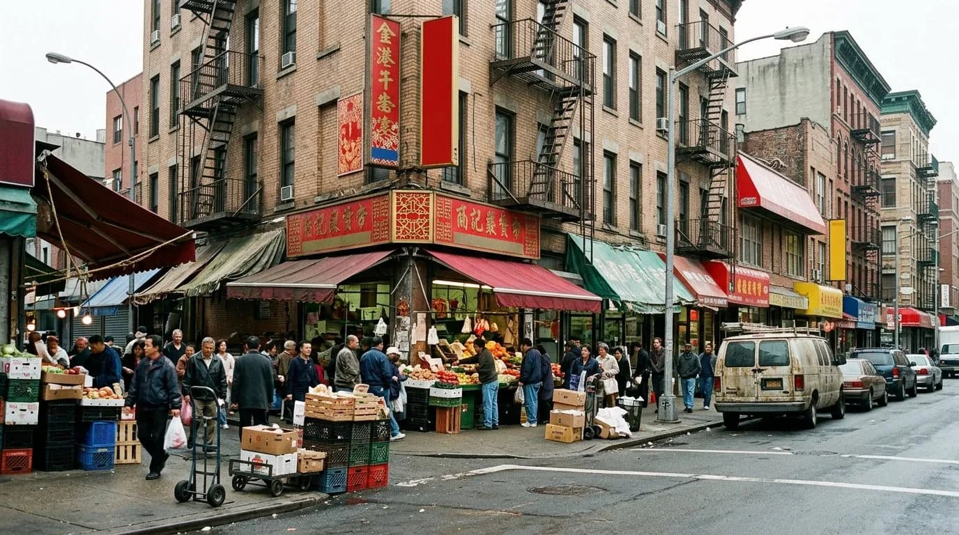 Wide daytime view of a busy Chinatown street corner with shopfronts and pedestrians