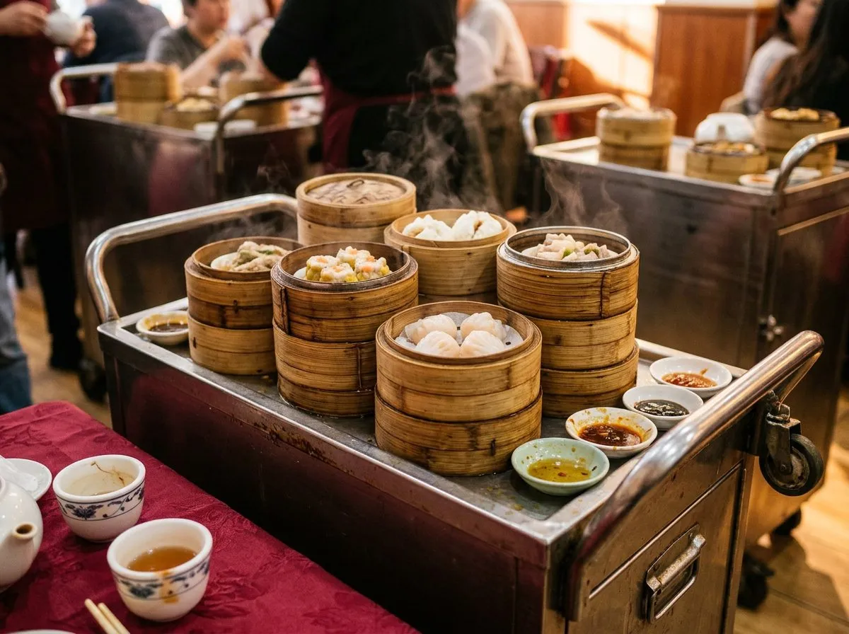 Close-up of a dim sum cart loaded with bamboo steamer baskets