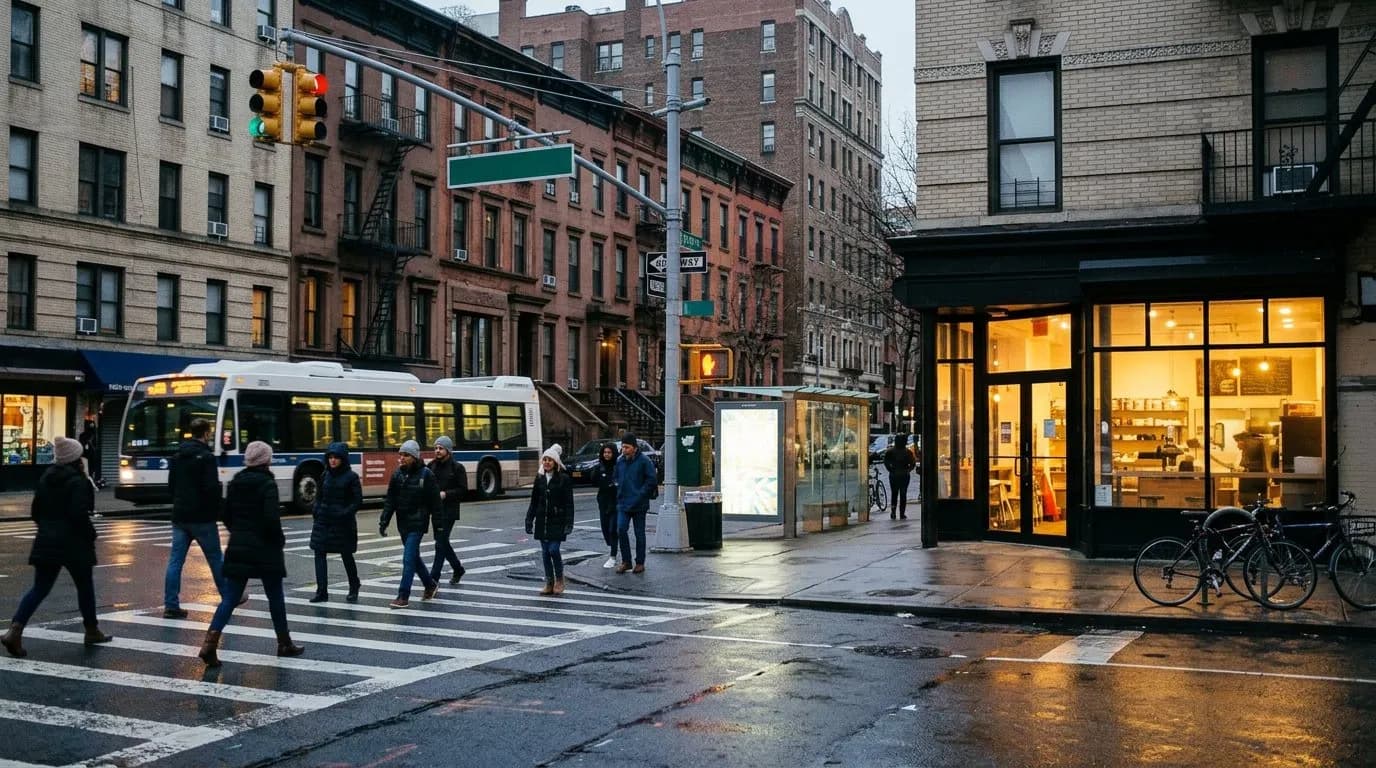 Upper West Side street corner at dusk with pedestrians and a passing city bus