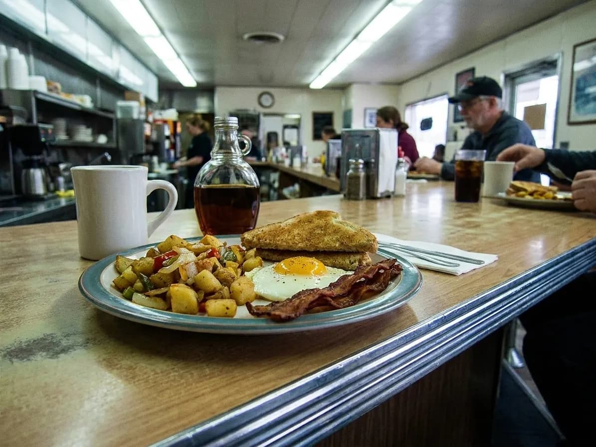 A plate of eggs, home fries and toast on a diner counter with a coffee cup and a small jug beside it under hard fluorescent light