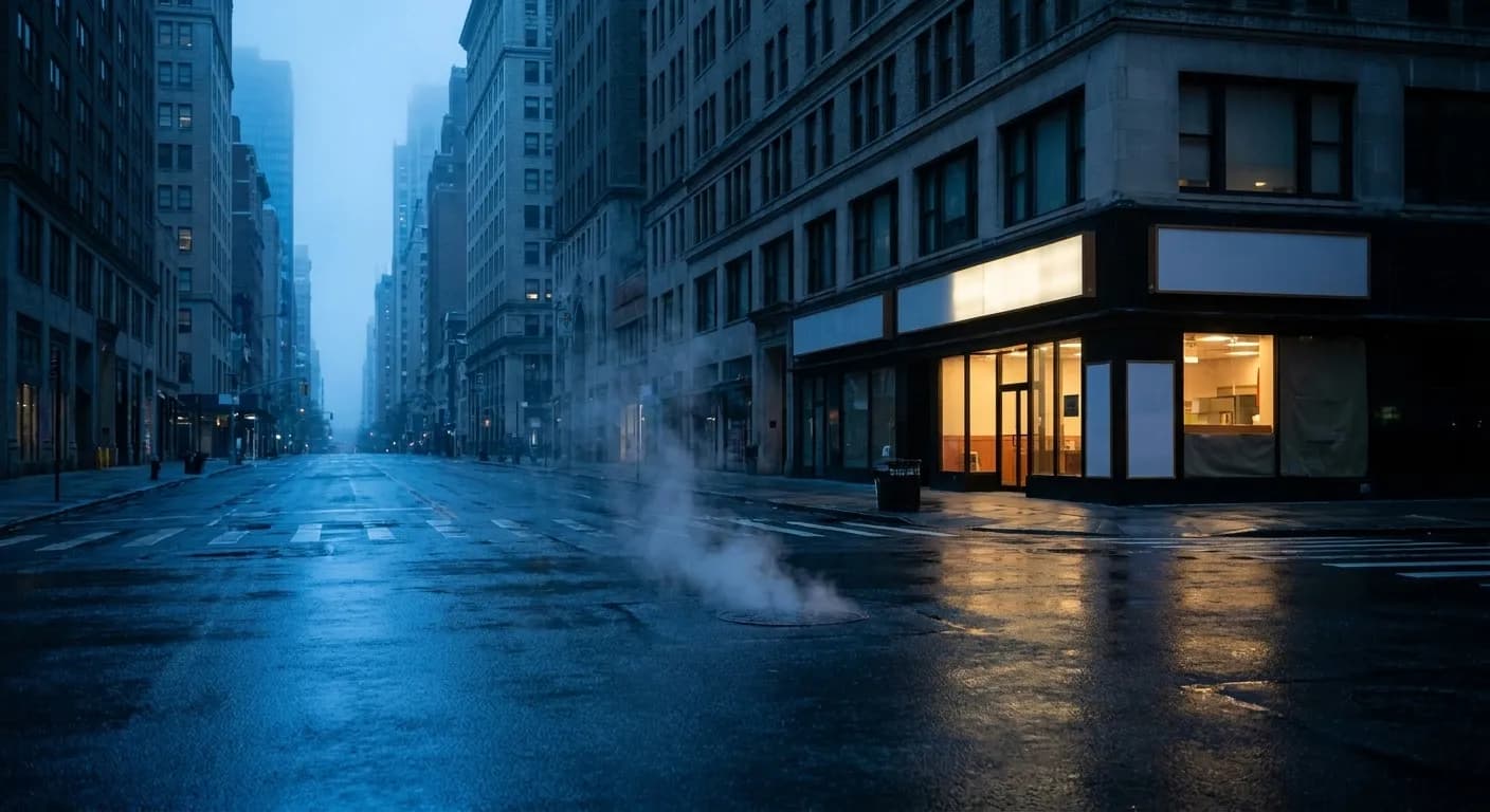A New York avenue before six in the morning with wet asphalt, steam from a manhole and a single lit shopfront in blue half-light