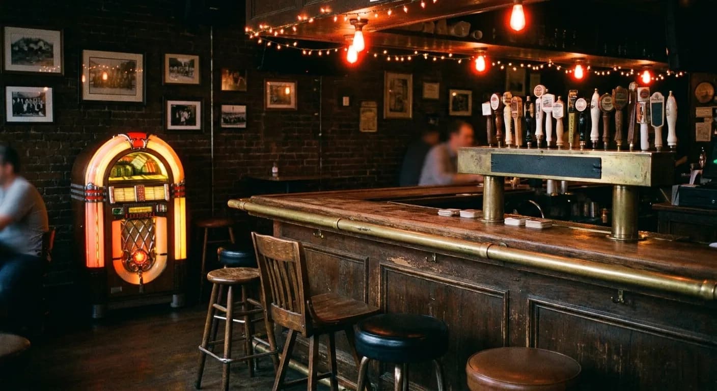 A New York dive bar interior with a worn wooden bar, brass rail, mismatched stools and a jukebox glowing in the corner under dim amber light