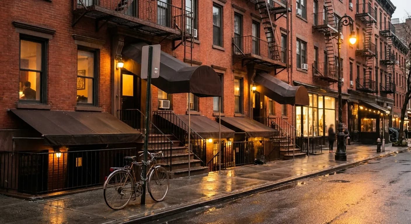 An East Village block in the evening with walk-up tenement facades, fire escapes, basement bar entrances and blank unlettered awnings