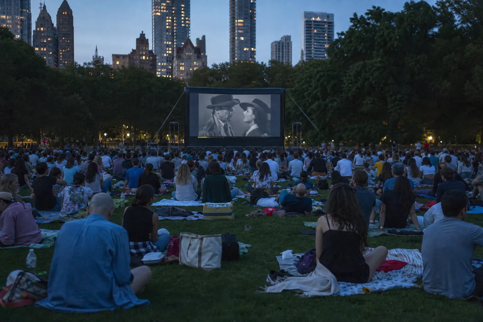 An outdoor cinema setup in Central Park with a crowd sitting on blankets watching a screen at twilight.