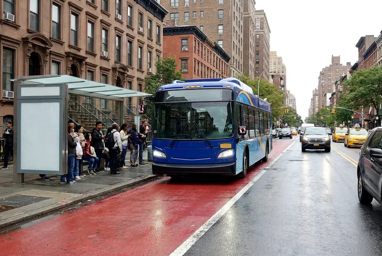 A city bus moving along a dedicated red bus lane on a busy New York avenue with commuters at a sheltered stop