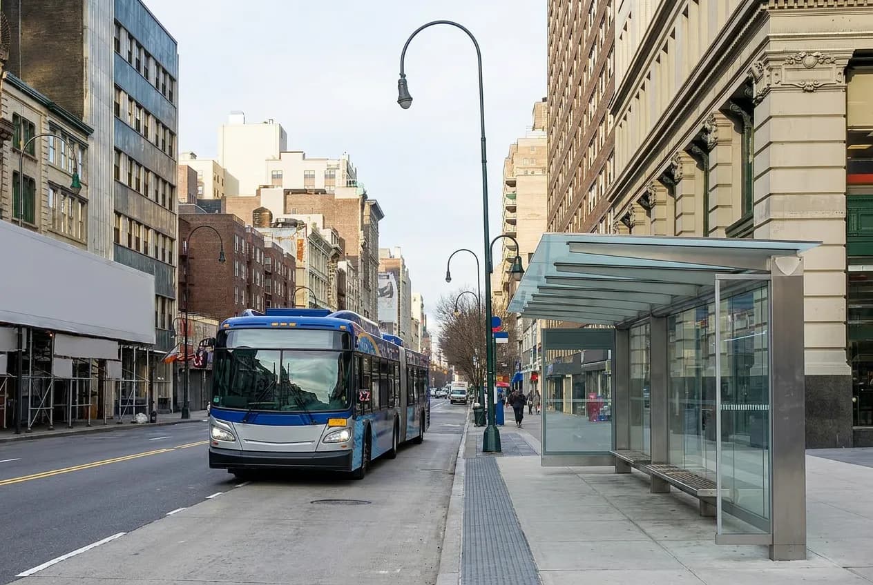 A modern articulated city bus at an upgraded stop with a sheltered waiting area on a wide avenue