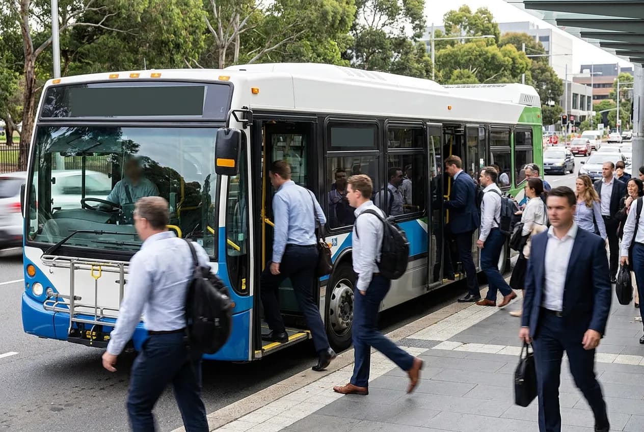 Commuters boarding a city bus through multiple doors at a busy stop during a weekday rush