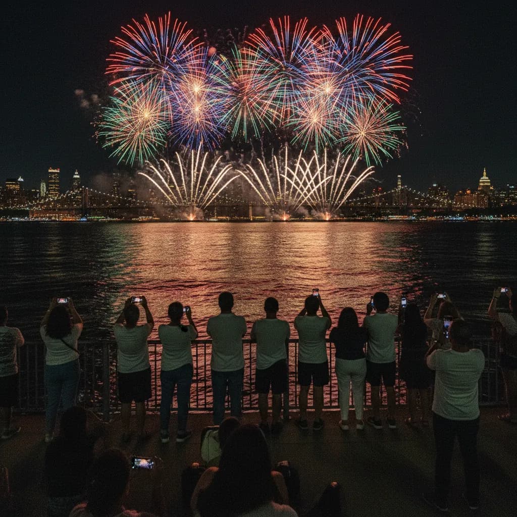 Crowd silhouettes watching July 4 fireworks from a New York waterfront