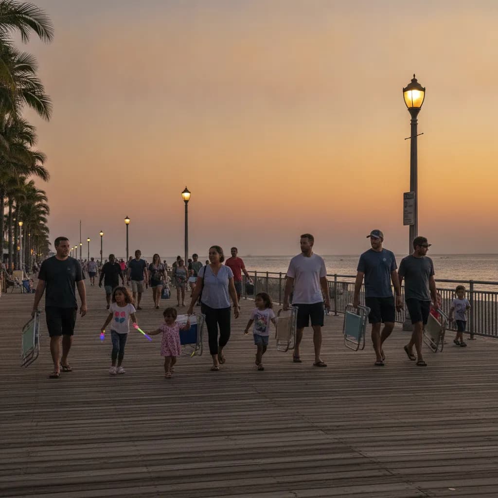Families carrying chairs on a beach boardwalk before July 4 fireworks