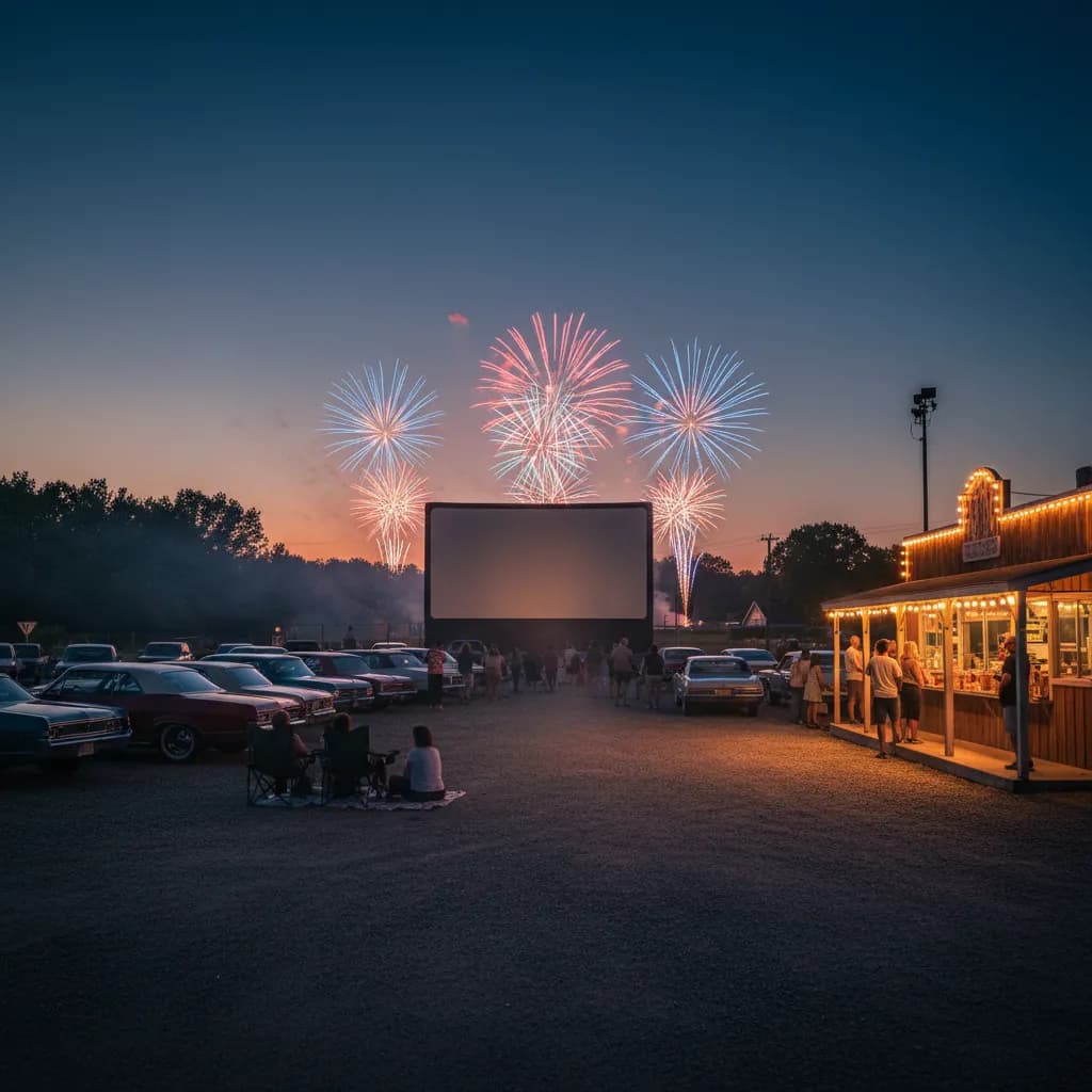 Hudson Valley drive-in parking area before a July 4 fireworks night