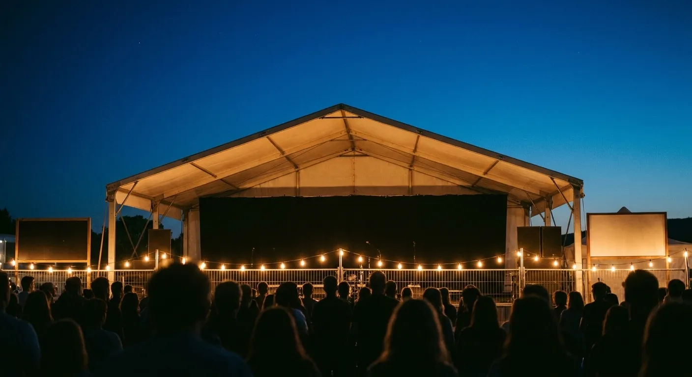 An open-air evening concert with silhouetted heads in the foreground and a lit stage canopy with a blank backdrop in the middle distance