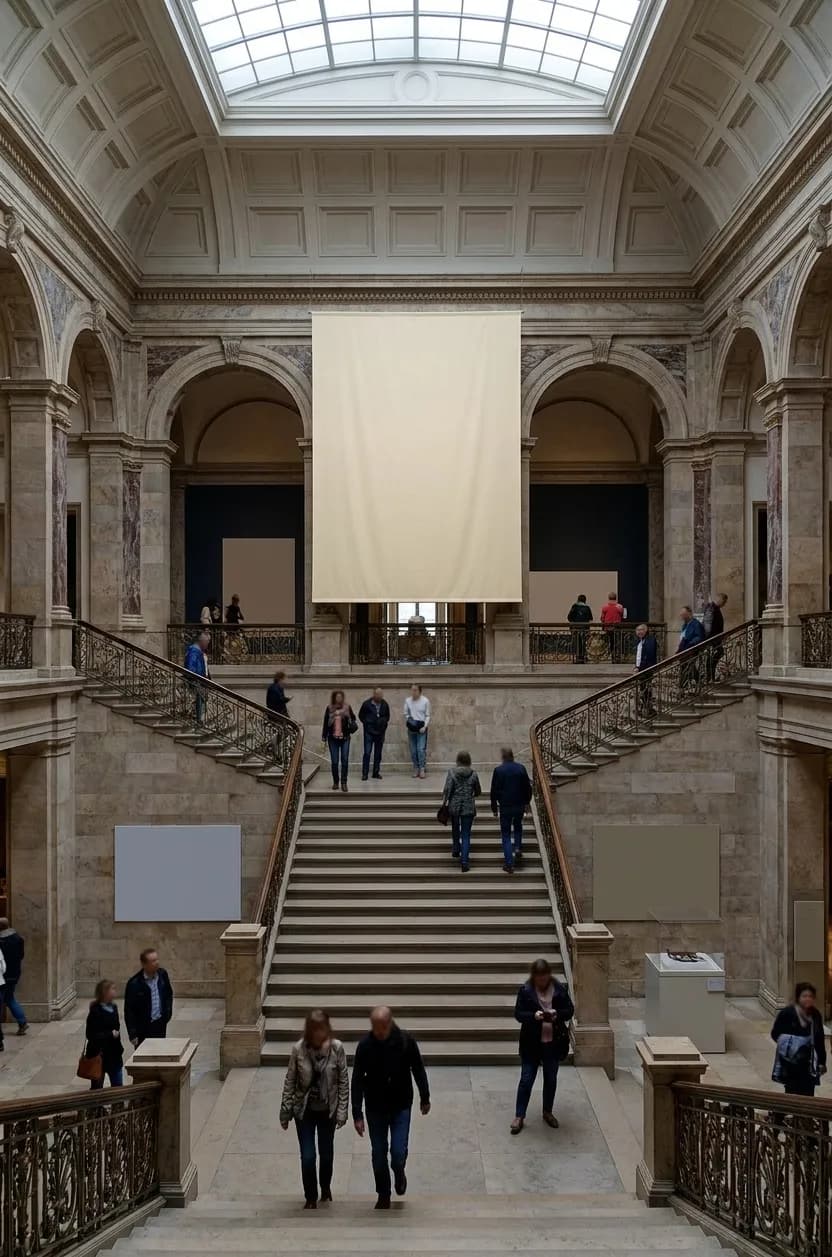 A grand museum entrance hall with a wide stone staircase, high coffered ceiling and a blank unlettered banner hanging from the balcony
