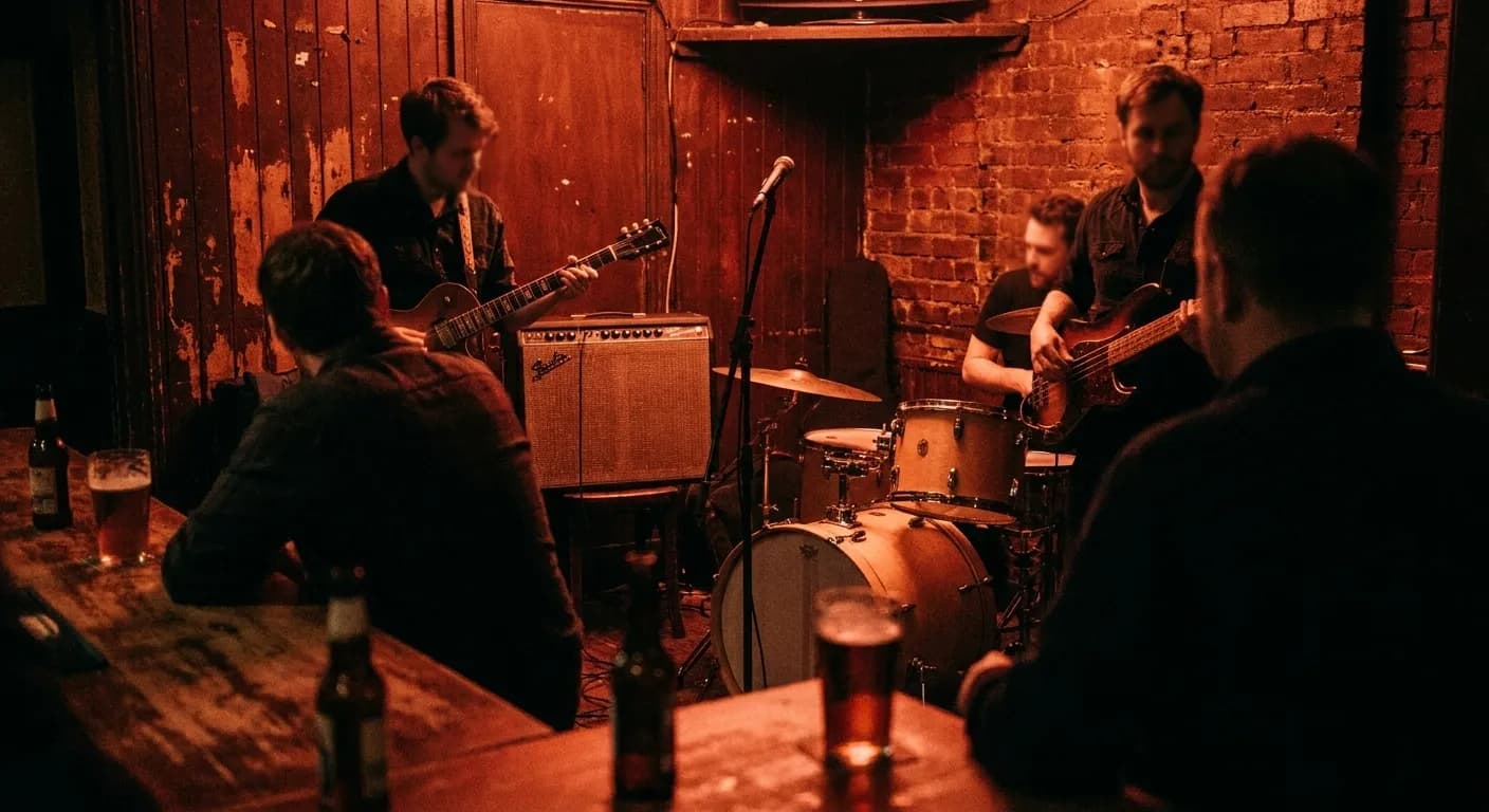 A three-piece band squeezed into the corner of a small bar with an amp, a drum kit and a microphone stand beside drinkers at the bar