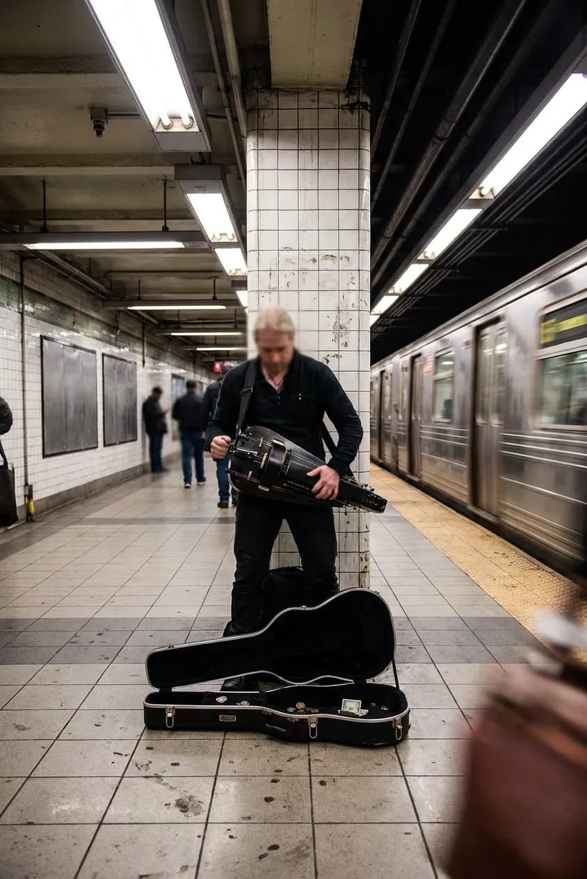 A musician playing on a New York subway platform with a guitar case open on the tiles and a train blurred in motion at the edge of frame