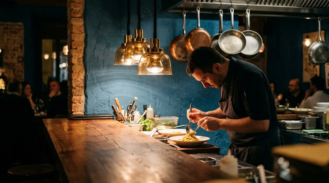 Chef's counter looking into an open kitchen at an Italian restaurant in the evening