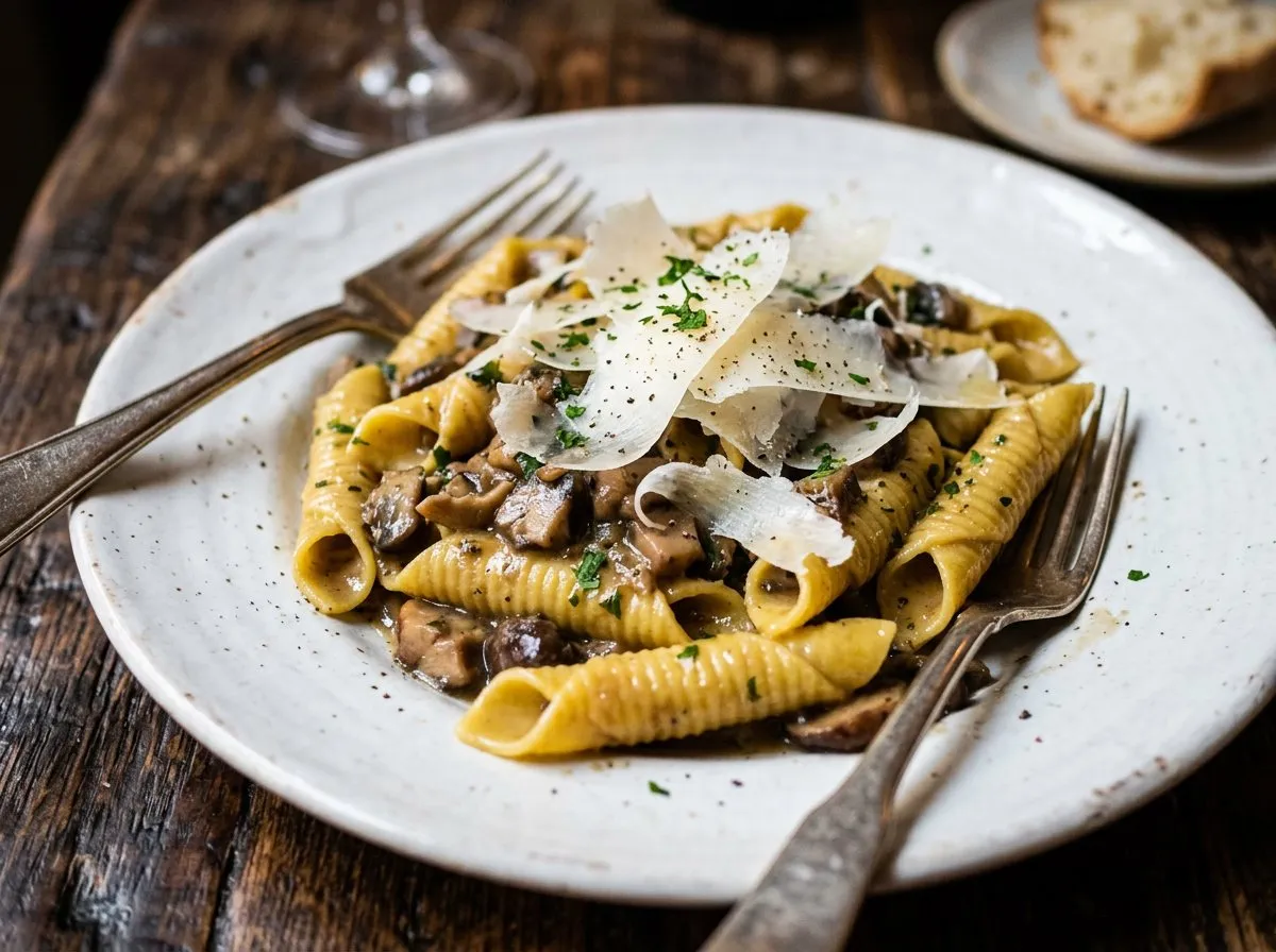 Close-up of handmade garganelli pasta with mushroom ragu and ricotta salata