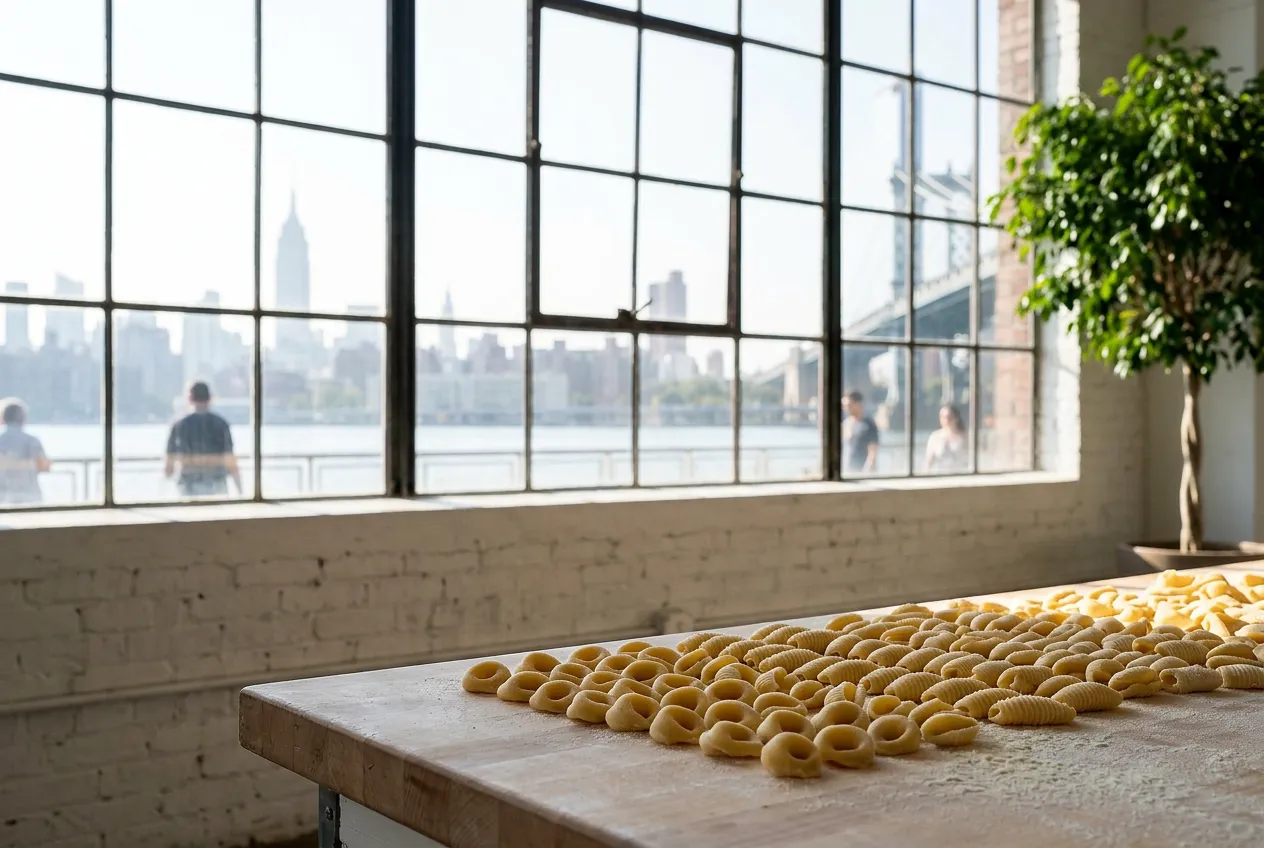 Handmade pasta shapes arranged on a light wood counter with natural window light in a Brooklyn dining room