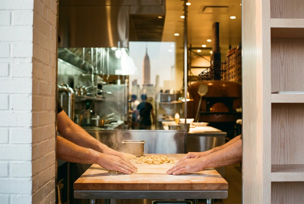 Close-up of fresh pasta dough being shaped by hand near an open kitchen counter
