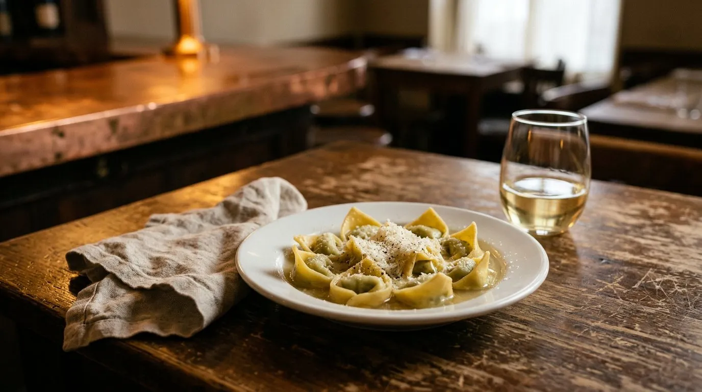 Close-up of hand-folded tortellini pasta on a plate at a restaurant table
