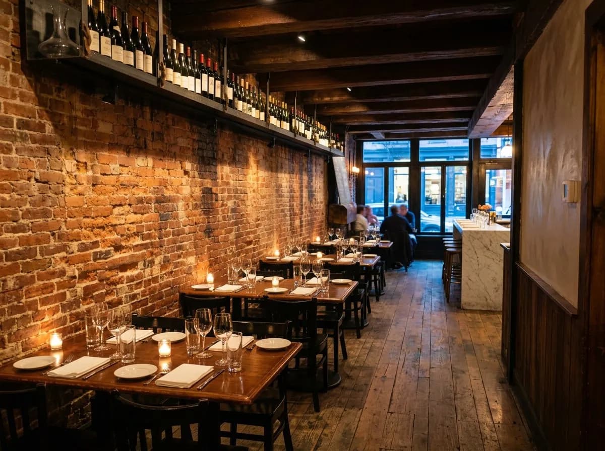 Narrow restaurant dining room with brick walls and a marble bar