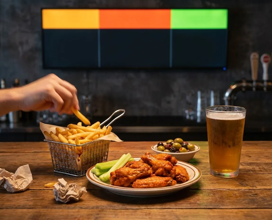 Bar snacks on a wooden bar top with a basket of fries, a plate of wings, a small bowl of olives and a beer glass beside paper napkins